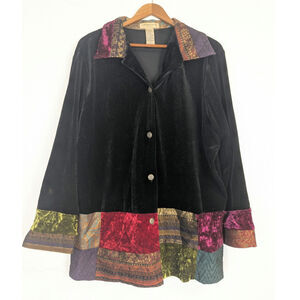 Vtg Black Velvet Jacket Multicolor Patchwork Trim Whimsigoth Boho Womens 1X